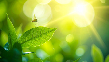 Butterfly on green leaf with sun light. Nature background.の素材