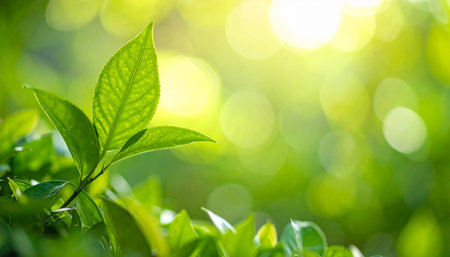 Close up green tea leaf on blurred greenery background with copy space.の素材