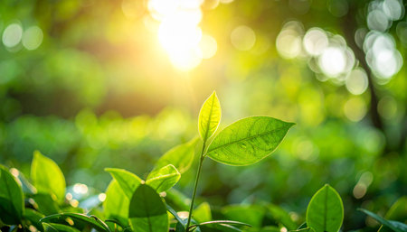 Green tea leaves in the morning sunlight. Natural background. Selective focus.の素材