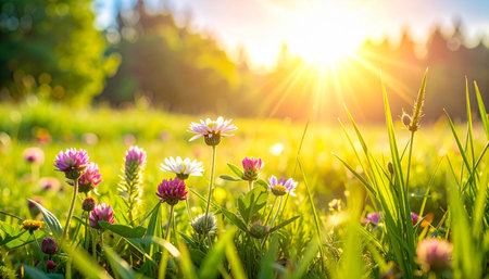 Sunset over a meadow with wildflowers and sun raysの素材