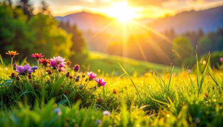 Beautiful spring flowers in the meadow at sunrise. Nature backgroundの素材