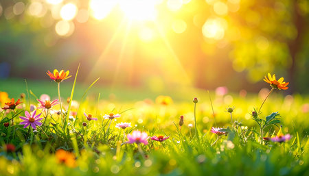 Sunny meadow with daisies and flowers. Nature backgroundの素材