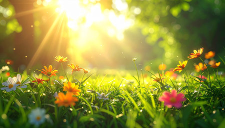 Beautiful meadow with daisies and sun in the morningの素材