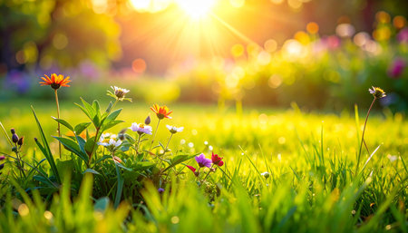 Sunset in the garden with grass and flowers. Nature background.の素材