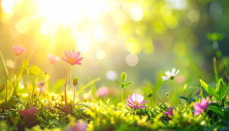 Beautiful daisy flowers on green grass with sun light and bokeh backgroundの素材