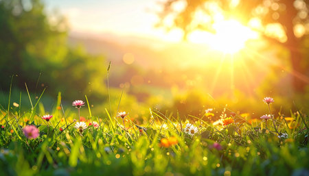 Beautiful spring meadow with daisies and sunbeamsの素材