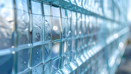 Blue glass texture background. Close up of glass wall. Abstract pattern.の素材