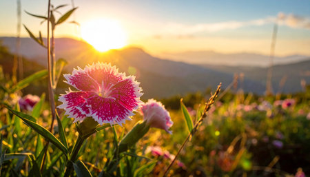 Dianthus chinensis in the meadow at sunset, Chiang Mai, Thailandの素材