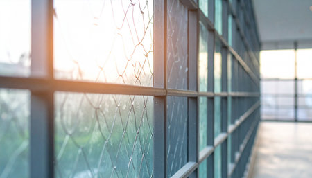 Close up of steel fence with sun light and blur background, selective focusの素材