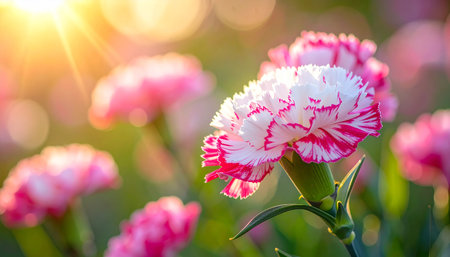 Carnation flower in the garden with sunlight. Beautiful spring background.の素材