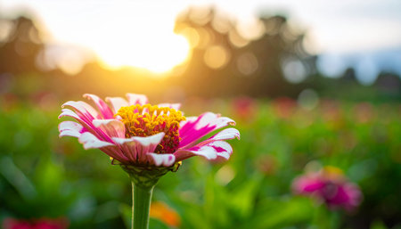 Zinnia flower in the garden with sunlight background, soft focusの素材