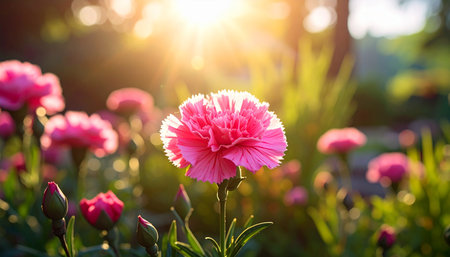Beautiful pink carnation flower in the garden with sunlight background.の素材