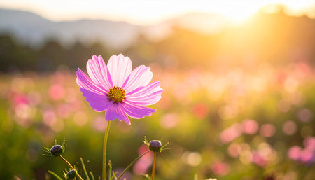 Beautiful cosmos flower blooming in the garden at sunset time.の素材