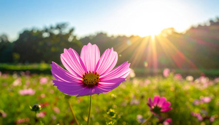 Cosmos flowers blooming in the garden with sunlight. Beautiful nature background.の素材