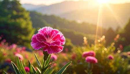 Beautiful pink dianthus flower in the garden at sunset.の素材