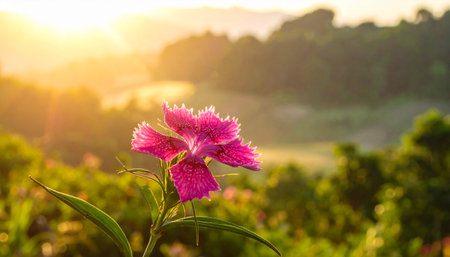 Beautiful pink flower on the mountain at sunset, nature background.の素材