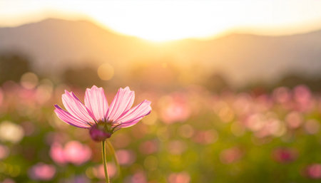 Cosmos flower blooming in the garden with sunset light background.の素材