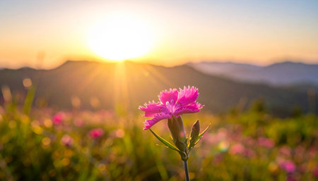 Carnation flower in the meadow at sunset with mountains backgroundの素材