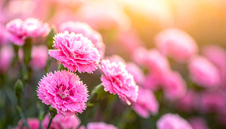 Pink carnation flower blooming in garden with sunlight. Beautiful nature background.の素材