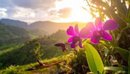 Beautiful purple orchids in the morning at Doi Ang Khang, Chiang Mai, Thailandの素材