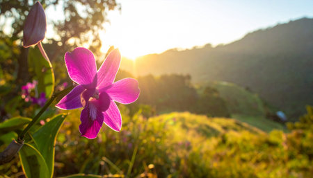 Beautiful purple orchid flower on the mountain with morning sunlight.の素材