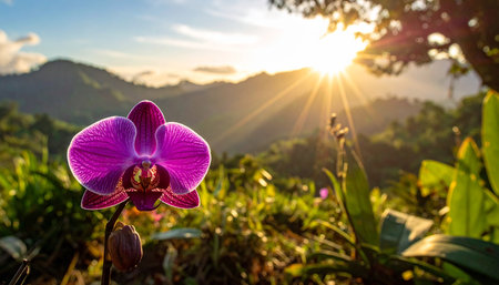 Beautiful orchid flower in the garden with sunlight at sunset.の素材