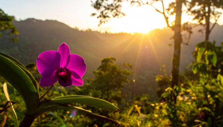 Purple orchid flower in the morning light, Nature background.の素材