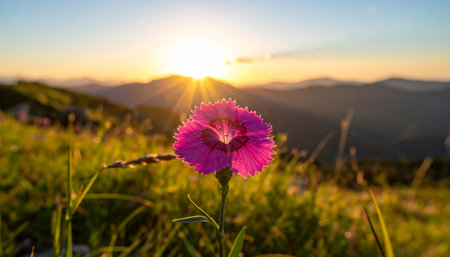 Beautiful pink dianthus flower on meadow at sunset.の素材
