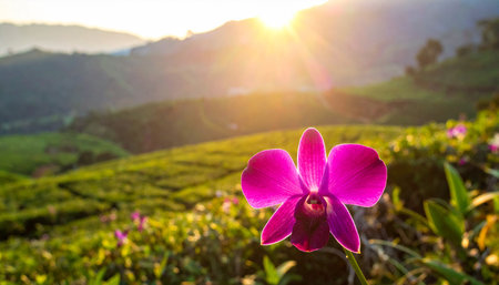 Beautiful purple orchid flower in tea plantation at sunset. Nature backgroundの素材