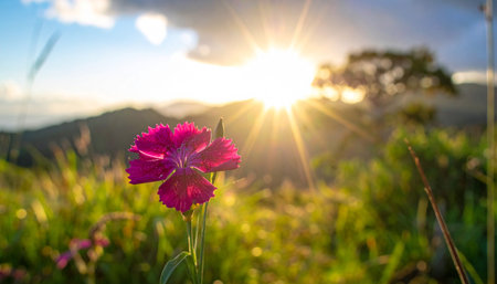 Flower in the meadow at sunset. Beautiful nature background.の素材