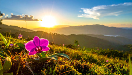 Beautiful Phalaenopsis orchid flower on the mountain at sunriseの素材