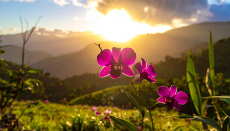 Purple orchids on the background of the mountains at sunsetの素材