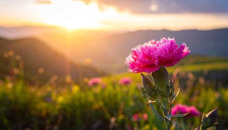 Beautiful pink flower in the meadow at sunset. Nature backgroundの素材
