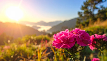 Carnation flowers in the mountains at sunset. Nature background.の素材
