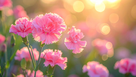 Pink carnation flower blooming in garden. Beautiful nature background.の素材