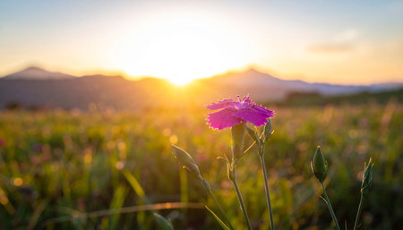 Dianthus flower in meadow at sunset with mountains in backgroundの素材