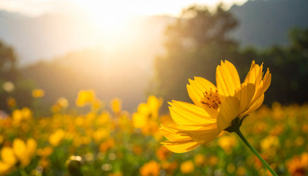 Yellow cosmos flower blooming in the field with sunlight at sunset.の素材