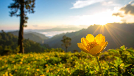 Yellow flower on the mountain with sunlight in morning at Doi Mae Salong, Chiang Rai, Thailandの素材