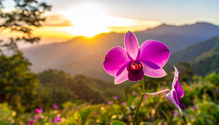 Beautiful purple orchids on the mountain at sunset in Thailandの素材