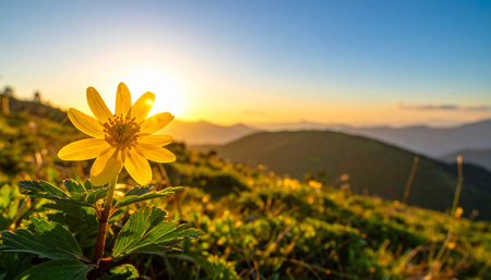 Sunset on the mountain with yellow flower in the foreground and copy spaceの素材