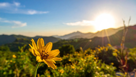 Yellow flower on the mountain with blue sky and sun light background.の素材
