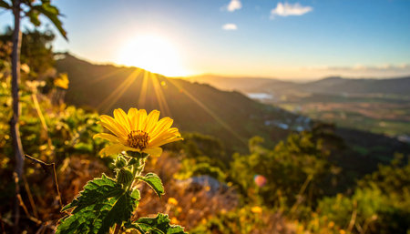 Sunset on the mountain with sunflowers and blue sky.の素材