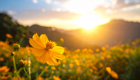 Yellow cosmos flower in the garden with sunset background,Thailand.の素材