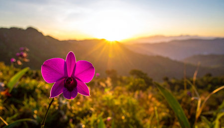 Beautiful purple orchid flower on the mountain with sunset background.の素材