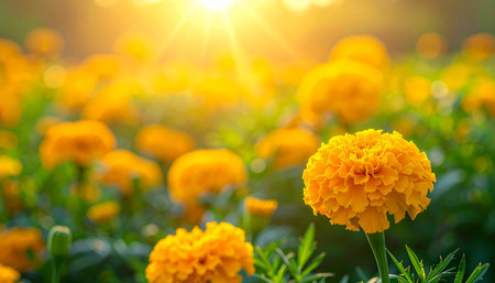 Beautiful Marigold flower in the garden with sunlight background.の素材
