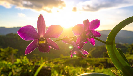 Beautiful purple orchid flower on the background of the sunset.の素材
