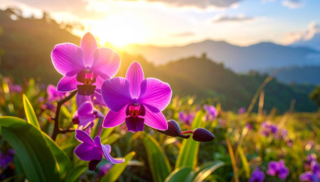 Beautiful purple orchid flowers in the garden on sunset background.の素材