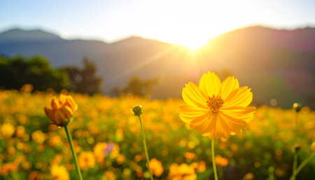 Yellow cosmos flowers blooming in the garden at sunset. Natural background.の素材