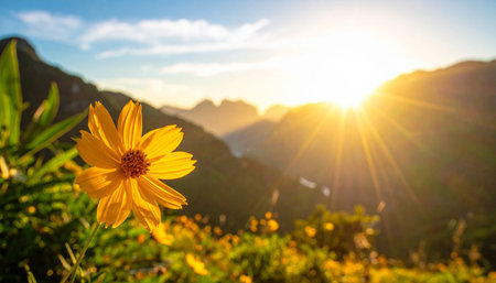 Mexican sunflower in the mountains at sunset. Nature background.の素材