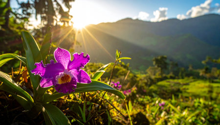 Beautiful purple orchid flower on the background of the mountains.の素材